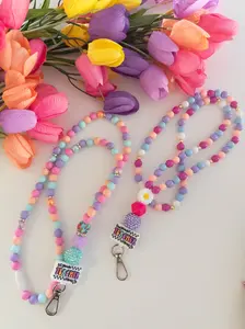 Teacher Beaded Lanyard, Pastel Lanyard, Colorful ID Holder, Cute Teacher Badge Holder