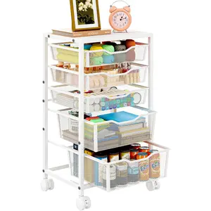 Rolling Cart with 5 Drawers, Cart with Lockable Wheels, Craft Art Cart, Rolling Drawer Cart for Living Room, Bedroom,, Office, Home, White