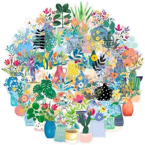 50 Pcs Green Plants PET Stickers Potted Plant Floral Sticker for Laptops Water Bottles Flower Pots Vases Decorative Phone Book Guitar Vinyl Decals for Kids Teens Adults (Plant)