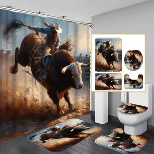 1/4 pc Western cowboy pattern design, exquisite shower curtain set, non-slip mat, U-shaped rug, toilet seat cover, perfectly suited for bathroom decoration, beautifies the space, includes 12 shower curtain hooks, Bathroom Decoration Accessories