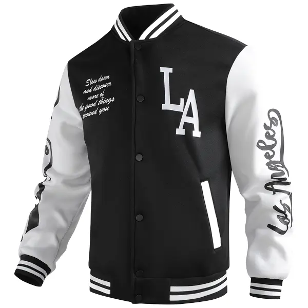 Men's Casual Baseball Jacket with LA Letter Embroidery, American Vintage Colorblock Long Sleeve Polyester Sports Style Top, Everyday