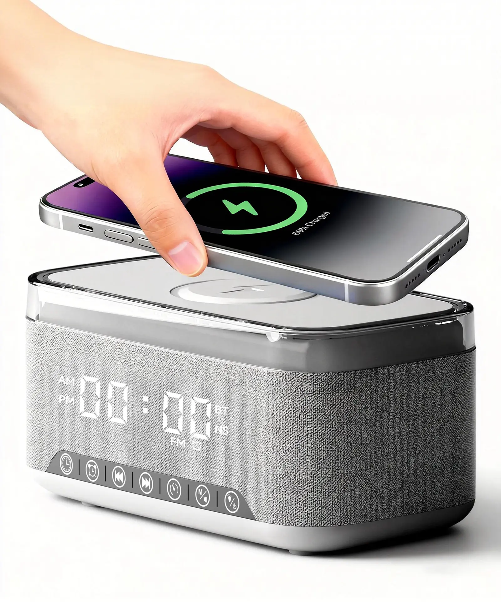 Dimmable Digital Alarm Clock with Wireless Charging, Sound Machine, 15W Fast Charger, 10W Stereo Bluetooth Speaker, FM Radio, 12-Color Night Light & Room Decor for Bedrooms