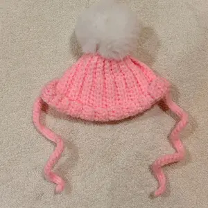 Crochet Cat Hat - Light Pink Ribbed Design with White Fluffy Pom Pom