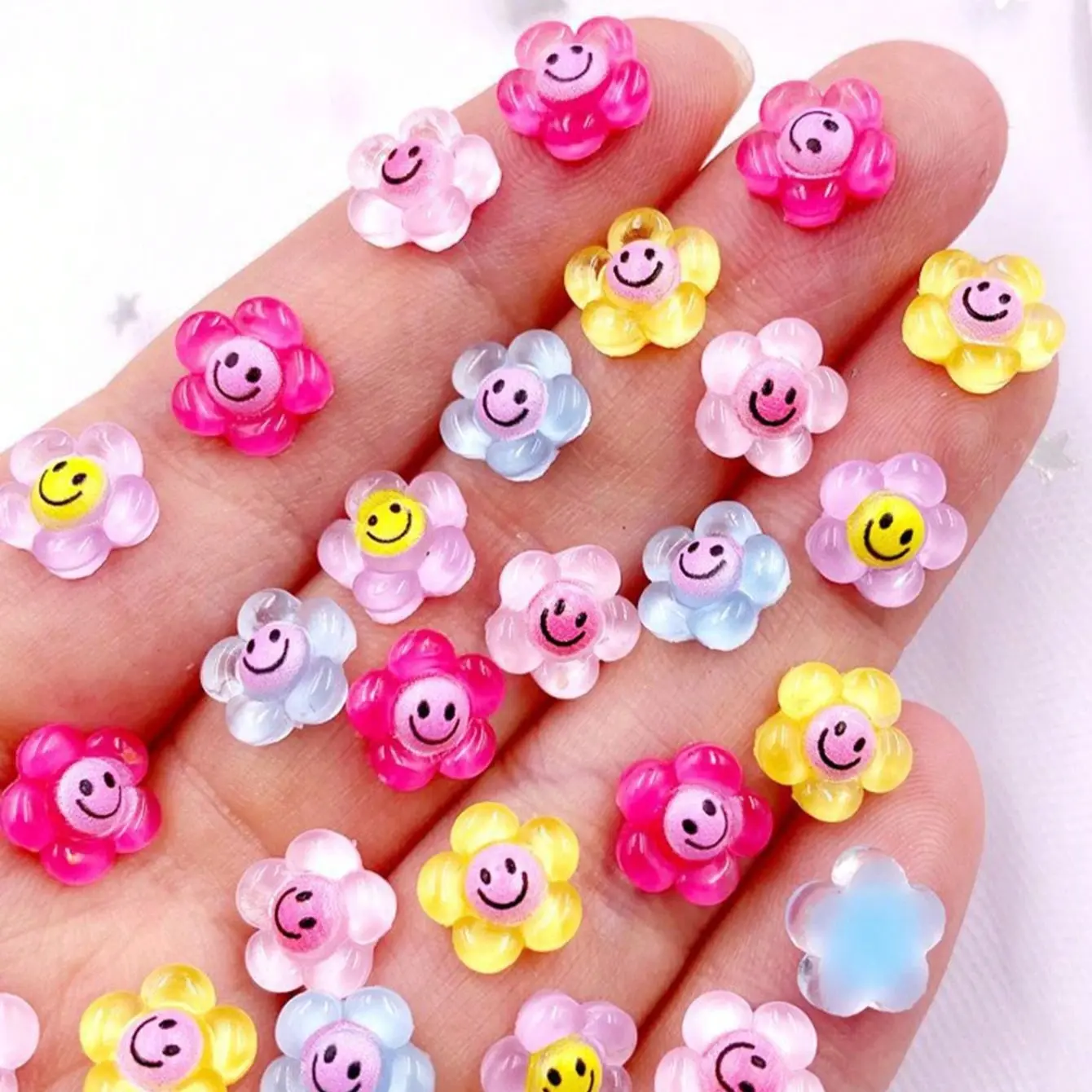 30 Piece Mixed Resin Mini Colorful Smile Sunflower Flat Back Flower Rhinestone Art Stickers, DIY Scrapbook Decor, Jewelry Craft Supplies, Floral Stickers