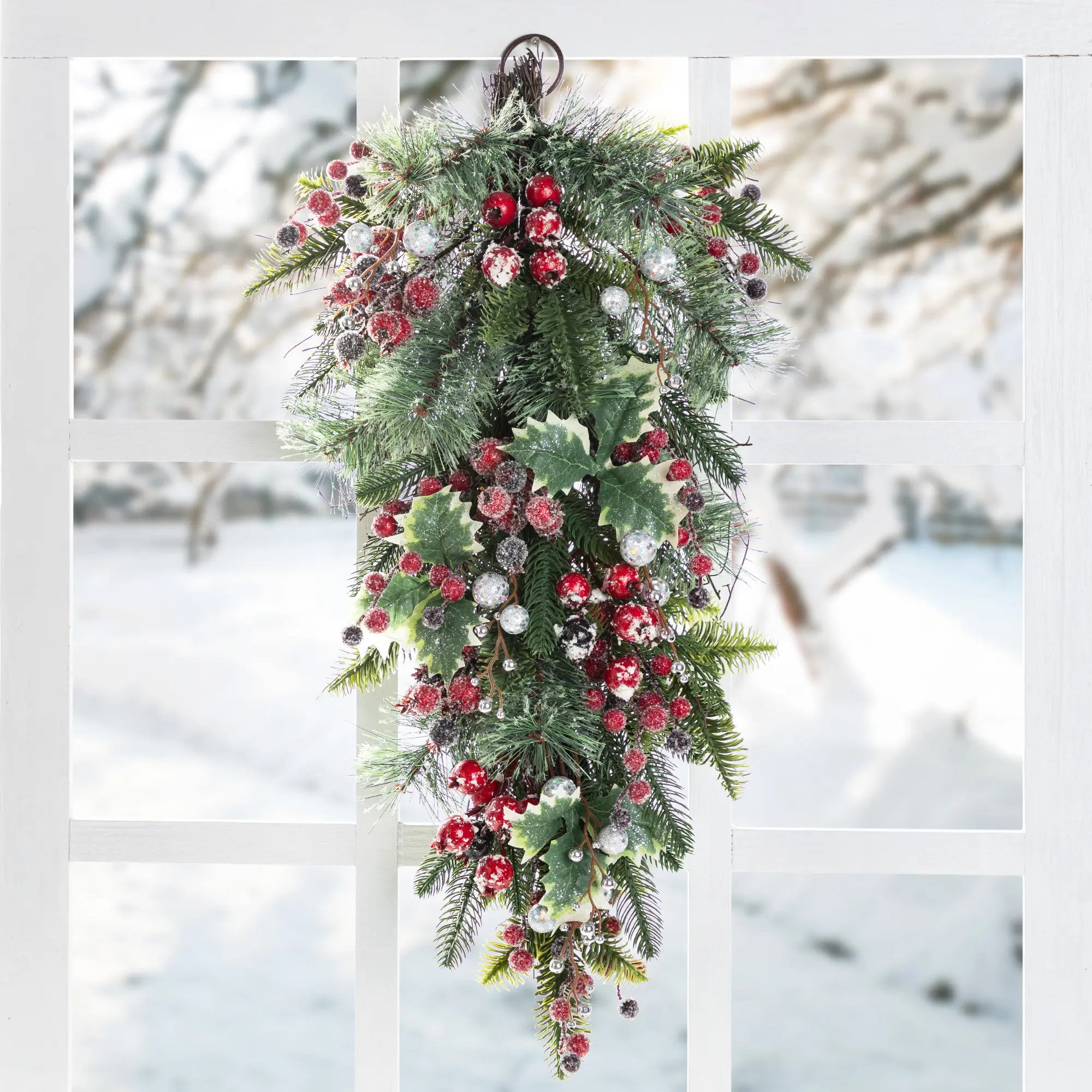 Glitzhome 28"H Christmas Red Pomegranate Berry & Holy Leaf Teardrop