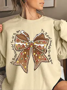 Women's Gingerbread Bow & Letter Print Drop Shoulder Sweatshirt, Casual Long Sleeve Round Neck Pullover for Fall & Winter, Ladies Clothes for Daily Wear