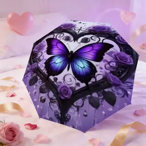 Portable Travel Automatic Folding Umbrella, Rose Butterfly Heart Pattern, 8-Rib Windproof Design, Dual Use Rain and Sun Shade