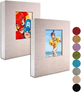 Small Photo Album 5x7  2 Pack, Each 26 Clear Pages Hold 52 Pictures. Album for 5x7 Pictures, Artwork, Drawings, Linen Cover with Front Window, Beige Fabric