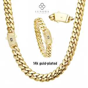 European and American hip-hop 14K gold-plated thick Cuban chain set, diamond lock design, anti-rust, skin-friendly and non-sensitizing, gift with exquisite gift box, today's special spot photo, priority delivery