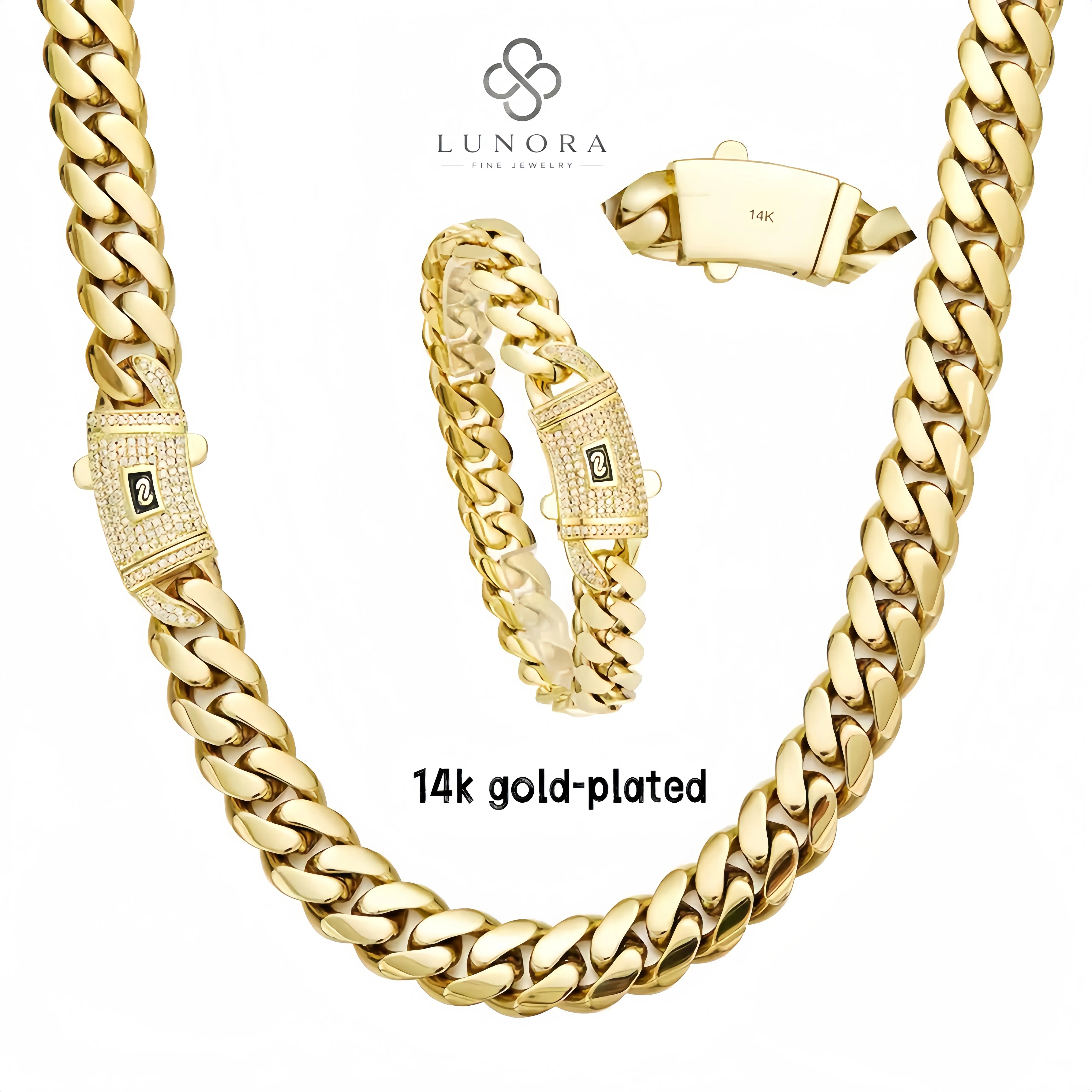 European and American hip-hop 14K gold-plated thick Cuban chain set, diamond lock design, anti-rust, skin-friendly and non-sensitizing, gift with exquisite gift box, today's special spot photo, priority delivery