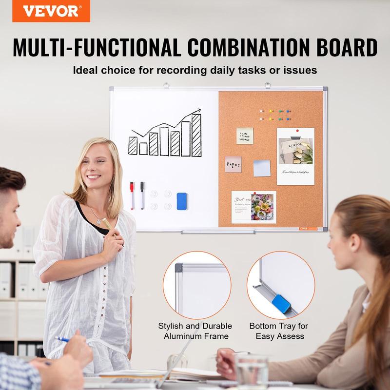 VEVOR 36"x 24" Whiteboard & Cork Board Combo with Aluminum Frame – 2-in-1 Magnetic Dry Erase Bulletin Board for Wall Mount – Ideal for School,  , Home, Office