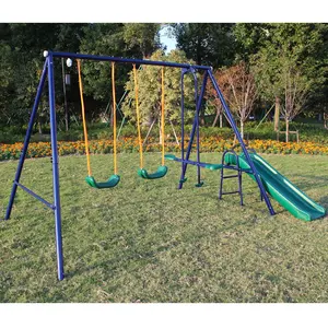 4 in 1 Multifunction Kids Swing Set Outdoor Heavy Duty Extra Large Frame with 2 Adjustable Swings Glider Slide Teeter Totter Playground Equipment for Ages 3 to 8