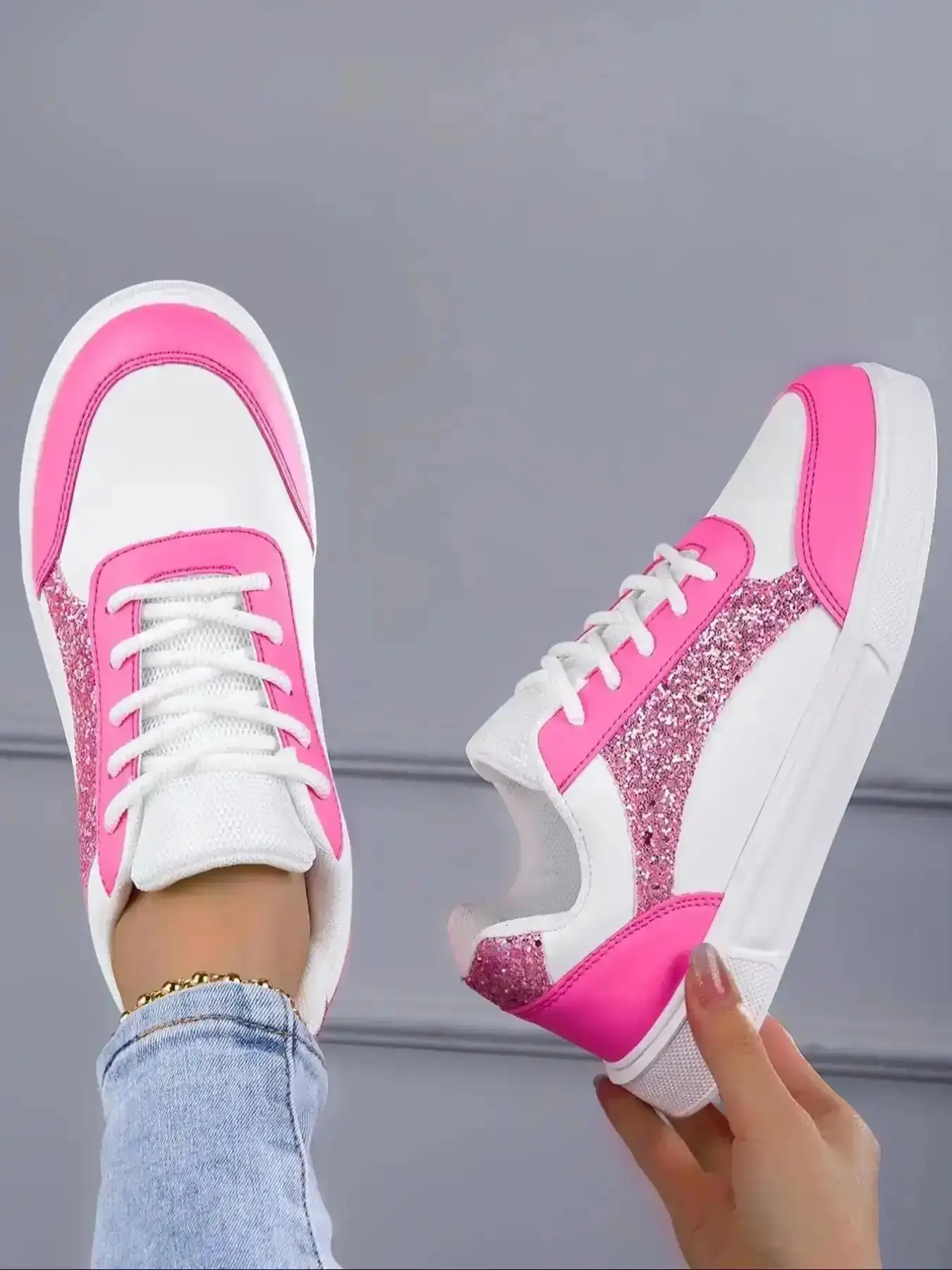 Women's Chic Colorblock Lace Up Trainers Low Top Skate Shoes Walking Daily Comfy Sports for Wear Female Uni Round Spring Fall Sneaker Easy On Grip Trendy Padded Essential Footwear training comfortable cushioned