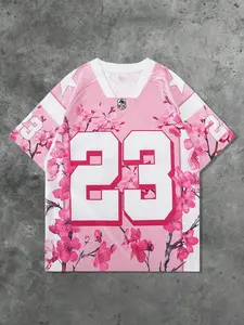 2026 New Aesthetic Pink Cherry Blossom Basketball Jersey - Oversized V-Neck Streetwear Graphic Tee with Number 23 & Sakura Print - Retro Soft Grunge Fashion Top for Men Women - Romantic Street Style Spring Apparel Sport Top