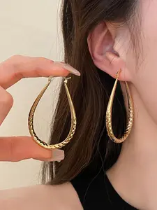 Bohemian Rhombus Pattern 14K Golden Plated Hoop Earrings for Women - Intricate Geometric Design, Durable Everyday Jewelry, Christmas Gift Idea & Year-Round Versatile Accessory, Festive Accessories | Elegant Accessories | Textured Finish