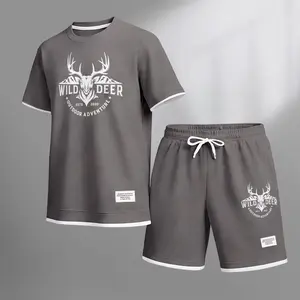 Men's Wild Deer Graphic Print Waffle Short Sleeve T-Shirt & Shorts Set, Summer Lightweight Outdoor Adventure Sporty Casual Two-Piece Outfit, Streetwear for Gym & Daily Wear