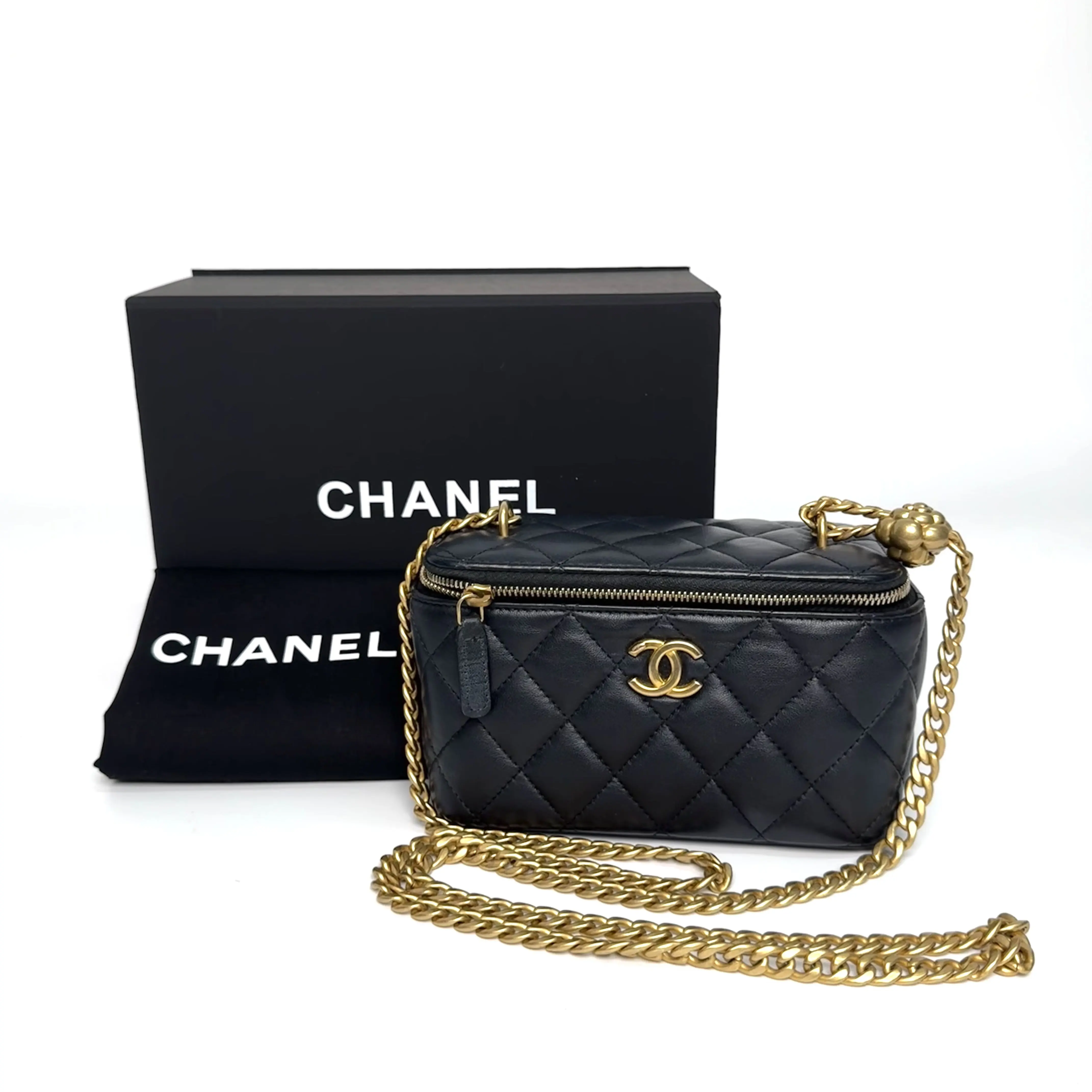 Pre-owned CHANEL Vanity Case Long Series, Lambskin Cosmetic Bag with Adjustable Gold Ball Buckle, Chip Style, Year 2024, Base Length Approx. 17cm, N24141337