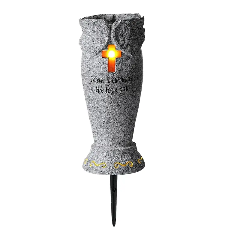 Cemetery Vases for Graves – 5x5x9 Memorial Cemetery Vase with Ground Spikes, Cross Light & Engraved Lettering; Resin Grave Flower Holder for Fresh/Artificial Flowers