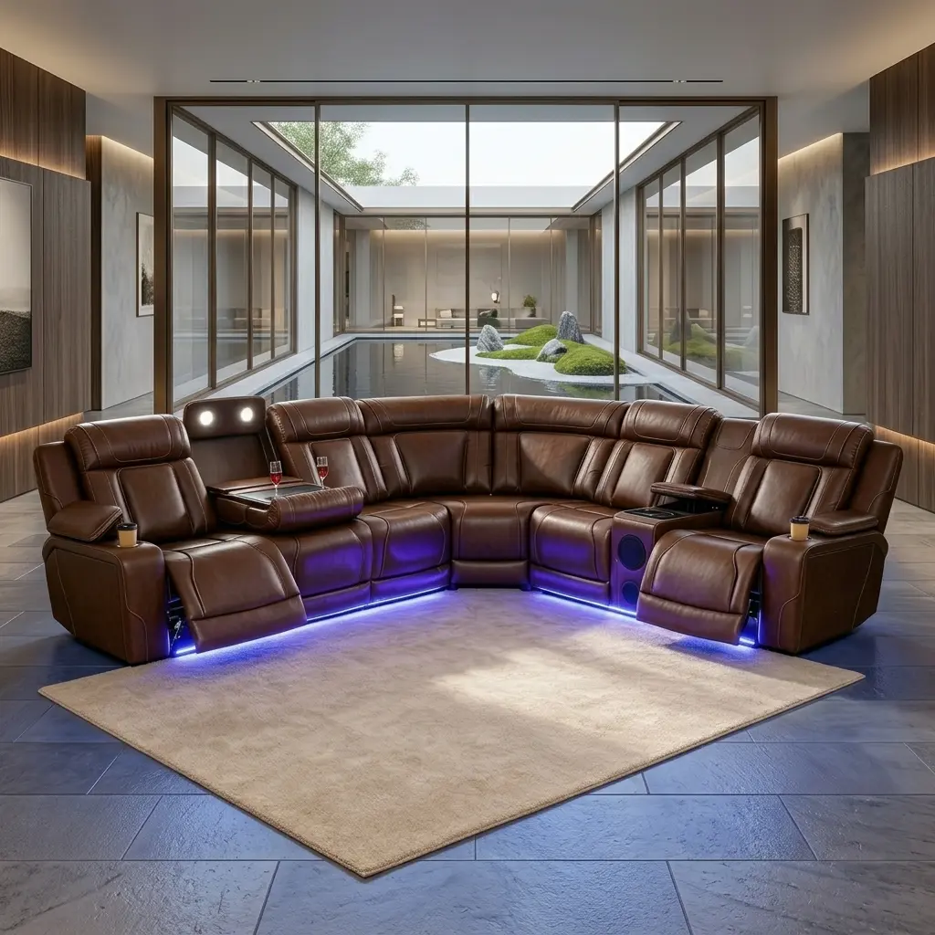 Power Reclining Sectional Sofa with Bluetooth Speakers, LED Lights, Wireless Charging, Storage Console and Cup Holders