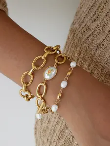 Ladies Bracelet Set Pearl Stackable Flower Ot Clasp Stainless Steel 18k Gold Plated Waterproof Anti Allergy Retro Sweet Daily Afternoon Tea Jewelry Pearl Embellished Exquisite Trendy Bracelet