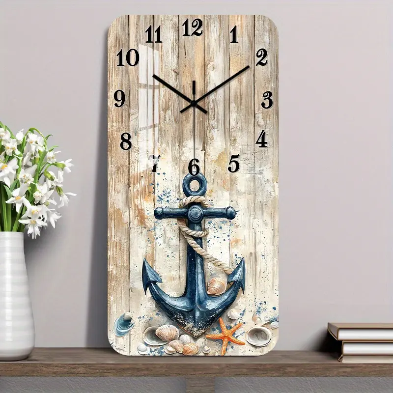 1pc Wall Clock Non-Ticking Wooden, Decorative Square Clock Nautical Wooden Clock with Anchor Design for Foyer, Kitchen, Home Office, Studio, Guest Room (No Battery)