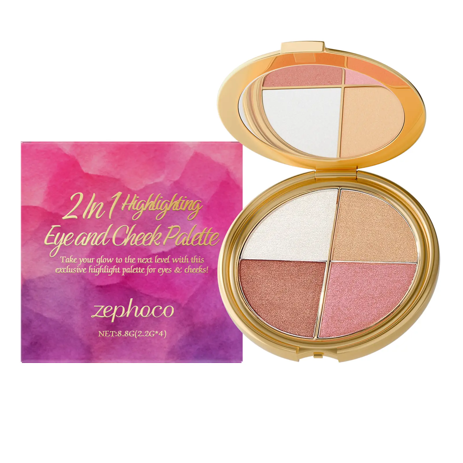 4-in-1 Silky Powder Blush & Highlighter Palette - Shimmer Eyeshadow, Smoothing Flawless Glass Skin Face Makeup, Travel-Size Multi-Use