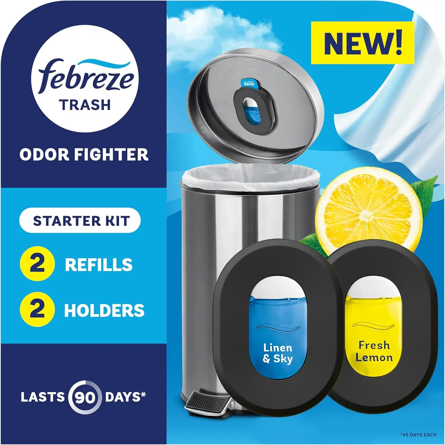 Febreze Odor Fighter Stick-On Can Fragrance Kit - Home Care Aroma Air Freshener for Kitchen Garbage Cans, Diaper Pails, Compatible with Scented Bags, Fresh Lemon & Linen-Sky Scents, 2 Holders + 2 Refills