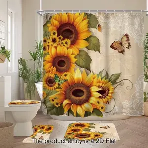 1/4pcs Retro Sunflower Theme Shower Curtain Set, includes non-slip mat, U-shaped rug, and toilet seat cover. Perfect for bathroom decoration, partitioning, and beautifying the space. Comes with 12 shower curtain hooks. Bathroom Decoration Accessories