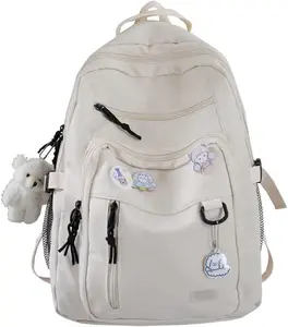 Cute Aesthetic Backpack for School Middle Student Travel White Backpack Teens Girls Bear Pin Book Bags