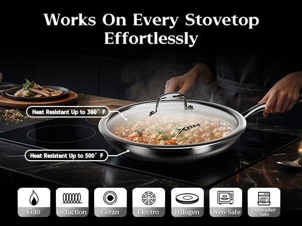 [Ayunonutricion Special Deal] XBM Professional Hybrid Nonstick Frying Pan,Mother's Day gifts, Rivetless Easy-Clean Interior, Healthy 100% PTFE/PFOA Free Ceramic Honeycomb Skillet, Tri-Ply Stainless Steel, Induction Ready - Multiple Sizes Cookware