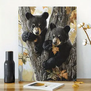 Little black bear on a tree with autumn leaves, rustic modern farmhouse style decoration, high-definition canvas decorative painting 11.8* 15.7inch (30* 40cm ) with wooden frame -- modern home decor, can be hung directly in the living room or bedroom