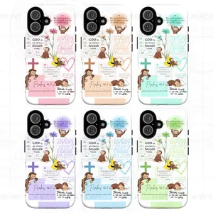 Curious Monkey Faith iPhone Case, God Is Bigger Bible Verse Phone Cover with Cute Monkey & Floral Design for iPhone 17 16 15 14 13 12 11 Pro Max Plus Air SE