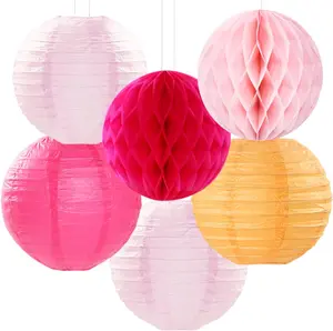 Hot Pink & Burnt Orange Party Decorations – Tissue Pom Poms, Lanterns, Fans & Honeycombs