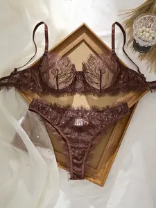 Women's Basic Thin Lace Bra Panty Set, Seamless Single Layer Eyelet Underwear, Comfortable Inner Wear, Daily Use