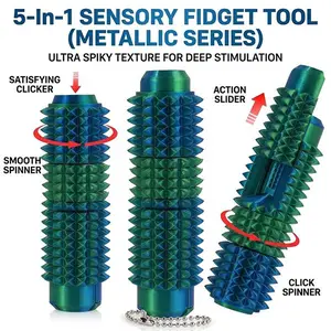 Premium Spiky Sensory Fidget Toy for ADHD, SH, and Extreme Stress Relief | 5-In-1 Multi-Tool with Satisfying Mechanical Clicker, Ultra Smooth Spinner, Action Slider, Internal Roller, and Full Spiky Tactile Grip | Durable 3D Printed Design, Metal-Effect Fi