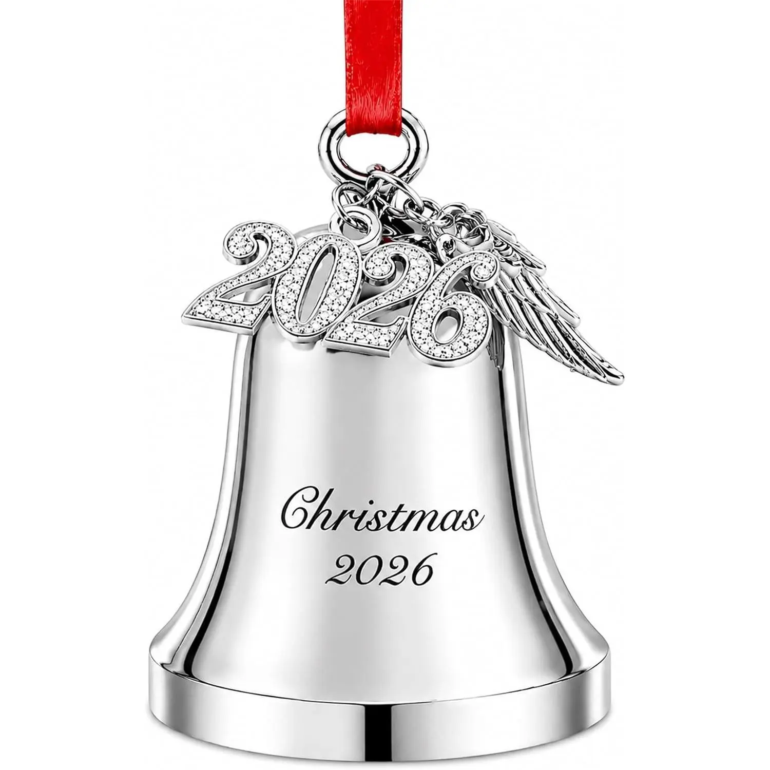 Personalized Silver Christmas Bell Ornament 2026 – Engraved Holiday Bell with Red Ribbon & Angel Wing Charm, Christmas Tree Decoration Gift for Family, Friends, New Home Holiday Keepsake (2026)