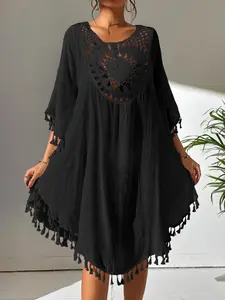 Hollow Out Fringe Beach Cover-Up, Intricate Lace Design, Loose Bat Sleeve, Lightweight Breathable Fabric, Perfect for Summer Vacation, Swimwear Cover Up