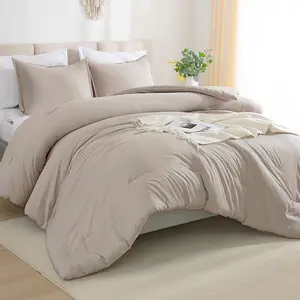 Comforter Sets - 7 Pieces Comforter Set  Bed in a Bag Full Beddding Comforter Sets Oatmeal, Summer Solid Soft Lightweight Comforter with Fitted Sheets, Flat Sheets, Pillowcases & Shams