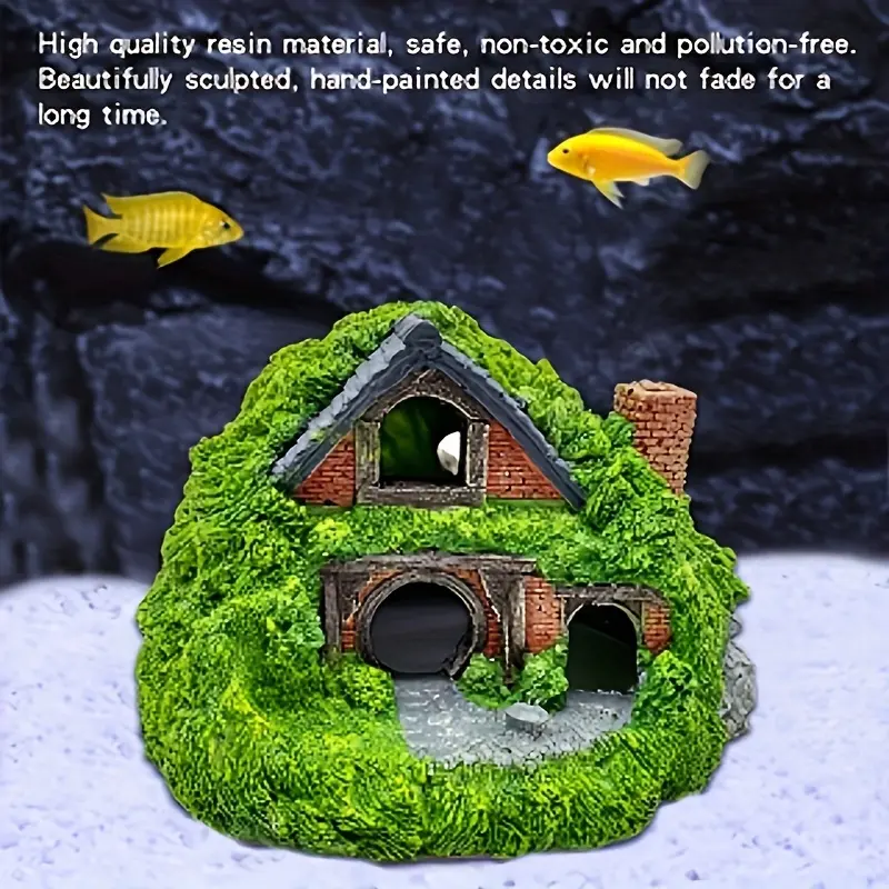 3pcs Large Resin Aquarium Ornaments Set - Dual-Layered Cabins, 2 Artificial Water Plants - Fish Hideouts, Rockery Landscaping Decor for Home Supplies