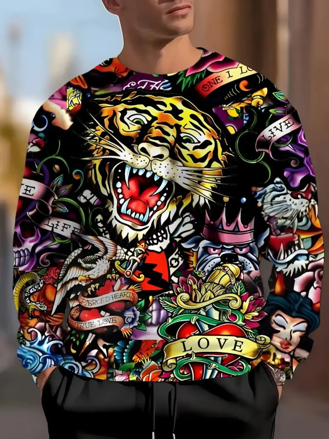 Men's 3D Tiger Print Loose Sweatshirt, Fitted Round Neck Pullover, Street Style Eye-Catching Daily Wear, Creative Men's Gift