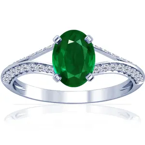 Emerald Oval and Diamond Ring - (14k White Gold)- R63399REEM