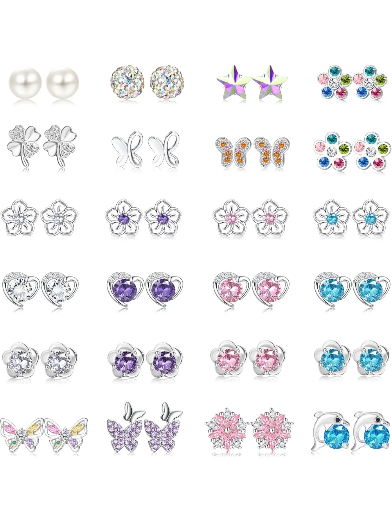 Mother's Day Gift 24 Pairs 925 Sterling Silver Stud Earring Pack Set for Women Girls Cubic Zirconia Earring Pearl Crystal Round Heart CZ Floral Stud Earrings Flower Butterfly Jewelry Studs Earrings Earring Sets