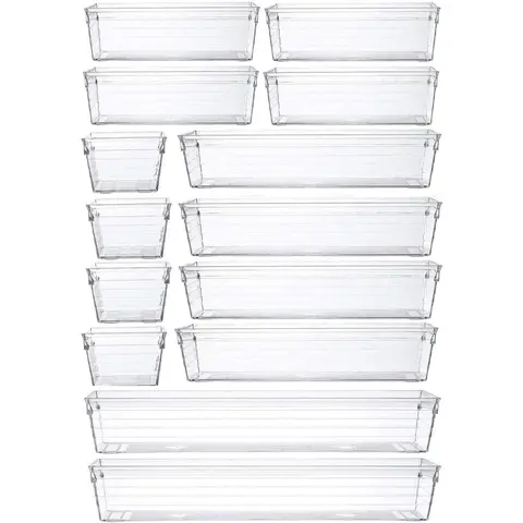 14 Pcs Drawer Organizer Storage Trays For Makeup, Kitchen, Bedroom, Office, Desk, Versatile Plastic Clear Drawer Organizer. Boxes Multi Compartment Design