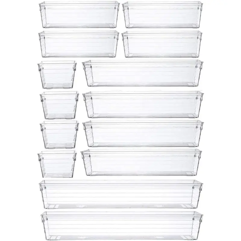 14 Pcs Drawer Organizer Storage Trays For Makeup, Kitchen, Bedroom, Office, Desk, Versatile Plastic Clear Drawer Organizer. Boxes Multi Compartment Design