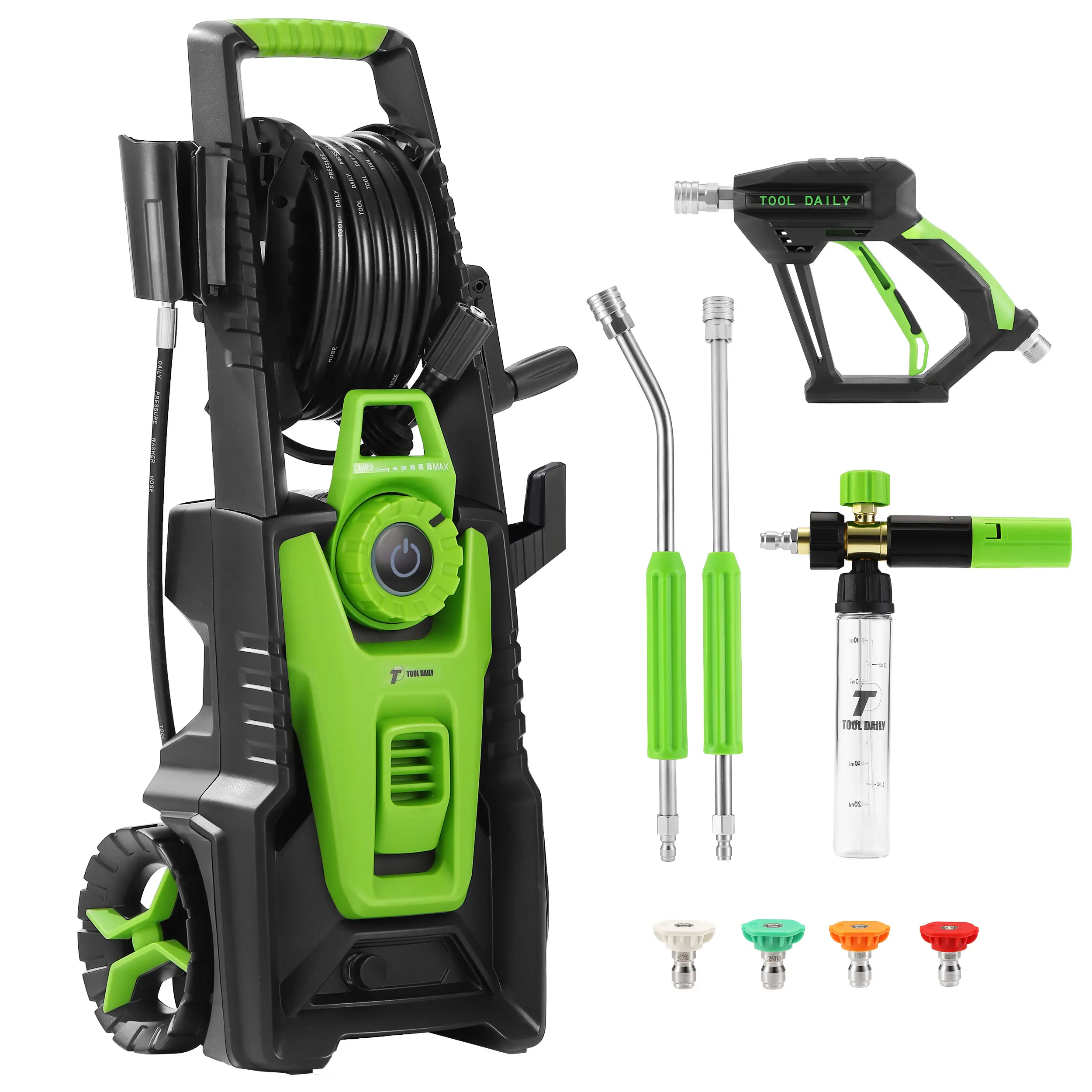 Tool Daily 2500 PSI 2.5 GPM Portable High Power Pressure Washer, 32 FT Polyurethane Hose, Anti-Tipping Rust-Proof Reel, Mini Foam Cannon, Pressure Washer Nozzle, Father's Day Gift, High Pressure Washer
