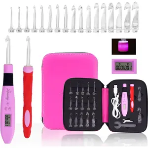 17 Sizes Counting Crochet Hook Set Digital 2.50~14.0mm,2 Levels Brightness Dimmable Light Up Crochet Hooks for Stitch & Row Counter,Beginner Knitting Kit with 17Interchangeable Crochet Hooks
