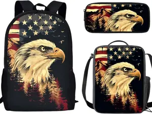 Mumeson Cool Eagle Backpack Bookbag Lightweight Schoolbags for Kids Boys Girls Back to School Supplies 3 Pieces Set School Bags with Messenger Bag Lunch Tote Bags Small Pencase American Flag