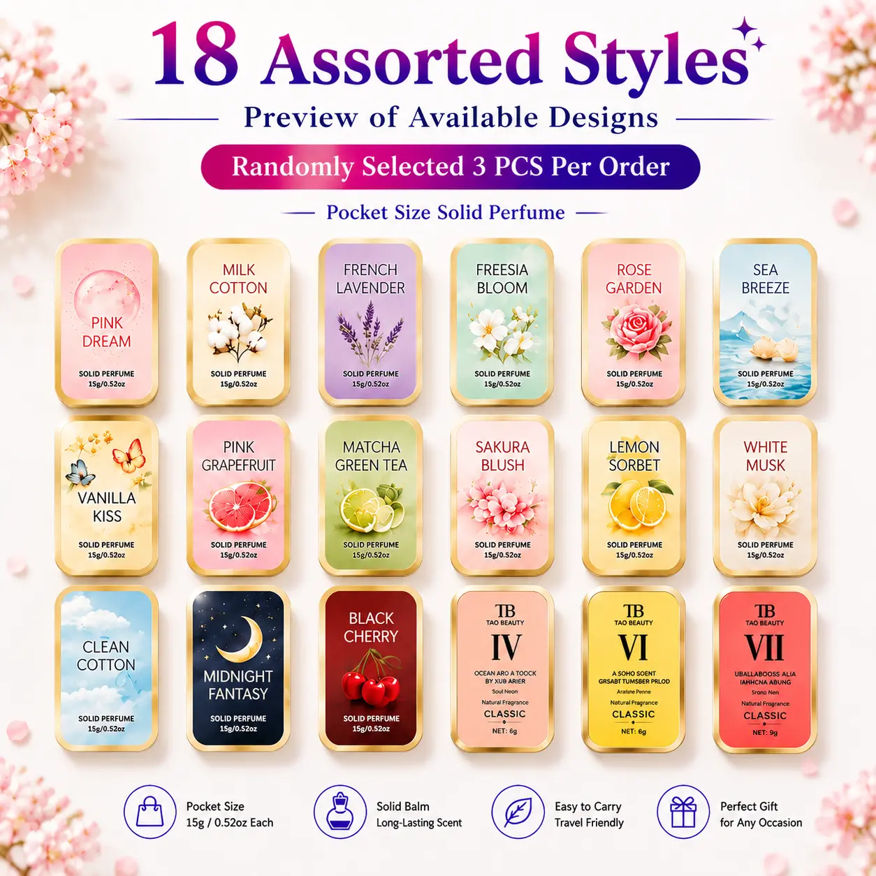 Random 3pcs Women's Solid Perfume Balm Set, 18 Assorted Fragrance Styles, Pocket Size Portable Perfume, Long Lasting Scent Gift Set