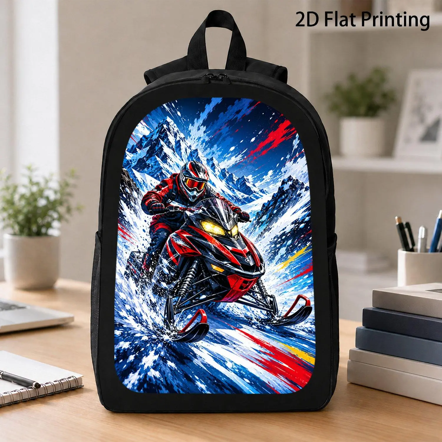 17 Inch Snowmobile Mountain Adventure Patterned Backpack Winter Sport Vehicle Travel Bag Fashion Laptop Bag Suitable For Teenagers Stylish Durable Outdoor Backpack
