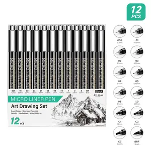 12Pcs Pigment Liner Micron Pen Hand-Painted Hook Line Marker Pen Manga Sketch Waterproof Quick Drying Fineliner Pen Student Art Stationery Artist Drawing Pen